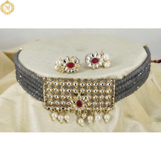 Naitikaarts Latest Choker Design Traditional Stylish Fancy Pearl Necklace Jewellery Set for Women NA-200GERY