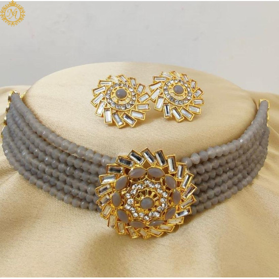 Naitikaarts Latest Choker Design Traditional Stylish Fancy Pearl Necklace Jewellery Set for Women NA-202-GERY