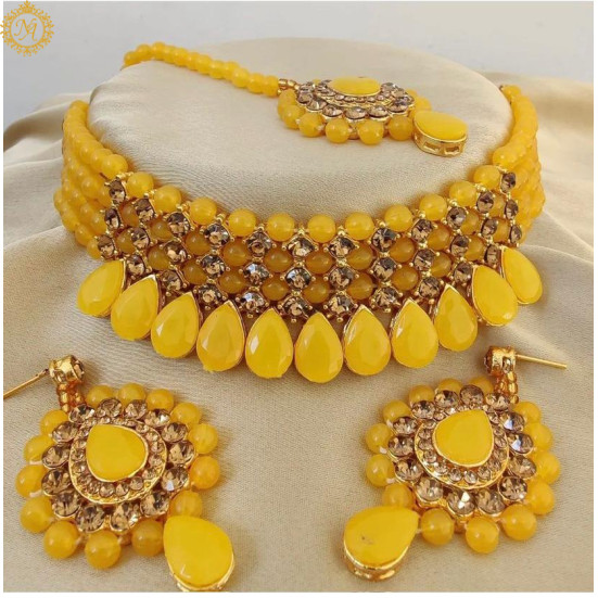 Naitikaarts Latest Choker Design Traditional Stylish Fancy Pearl Necklace Jewellery Set for Women NA-236-YELLOW