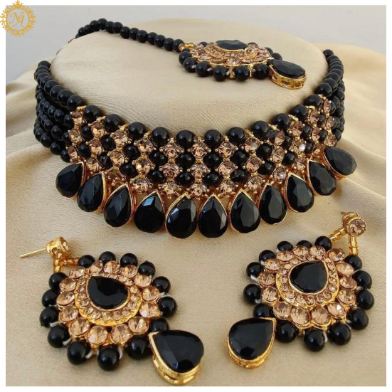 Naitikaarts Latest Choker Design Traditional Stylish Fancy Pearl Necklace Jewellery Set for Women NA-236-BLACK