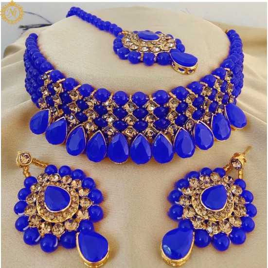 Naitikaarts Latest Choker Design Traditional Stylish Fancy Pearl Necklace Jewellery Set for Women NA-236-BLUE