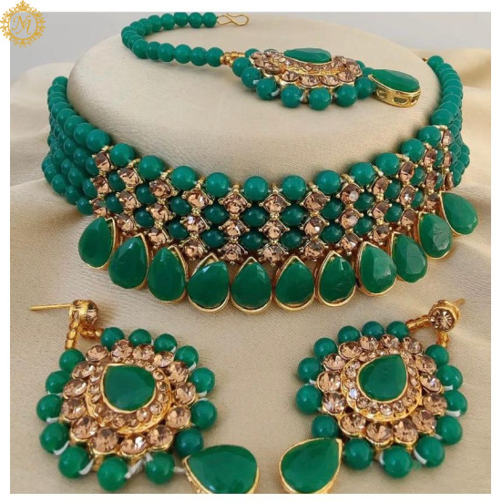 Naitikaarts Latest Choker Design Traditional Stylish Fancy Pearl Necklace Jewellery Set for Women NA-236-GREEN