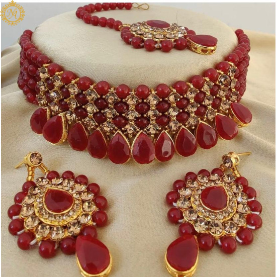 Naitikaarts Latest Choker Design Traditional Stylish Fancy Pearl Necklace Jewellery Set for Women NA-236-MARRON