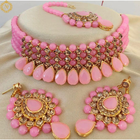 Naitikaarts Latest Choker Design Traditional Stylish Fancy Pearl Necklace Jewellery Set for Women NA-236-PINK