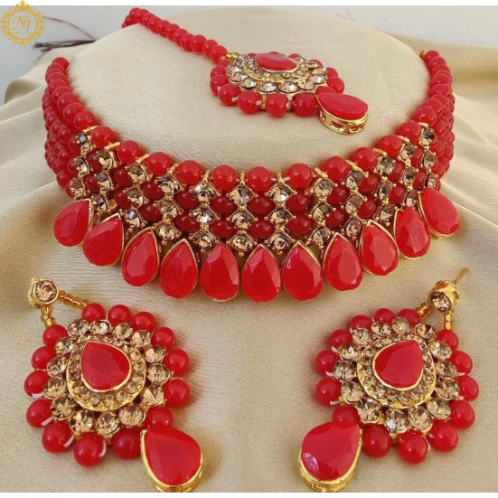 Naitikaarts Latest Choker Design Traditional Stylish Fancy Pearl Necklace Jewellery Set for Women NA-236-RED