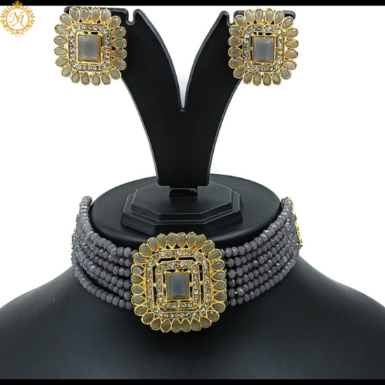 Naitikaarts Latest Choker Design Traditional Stylish Fancy Pearl Necklace Jewellery Set for Women NA-231-GERY