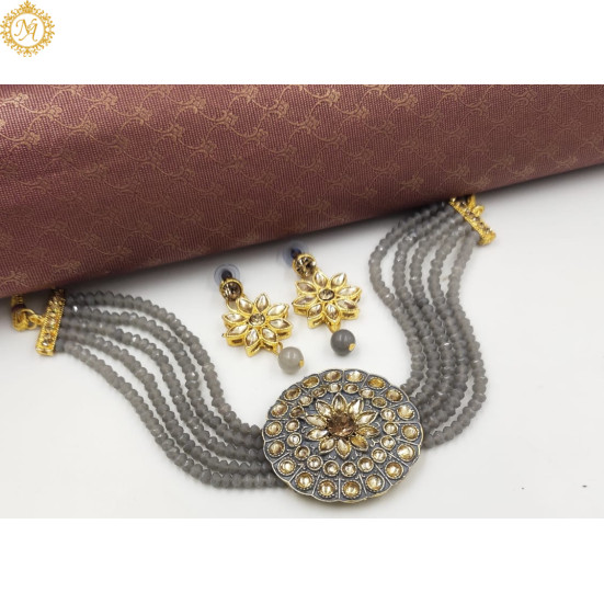 Naitikaarts Latest Choker Design Traditional Stylish Fancy Pearl Necklace Jewellery Set for Women NA-238-GERY