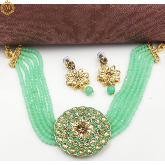 Naitikaarts Latest Choker Design Traditional Stylish Fancy Pearl Necklace Jewellery Set for Women NA-238-MINT
